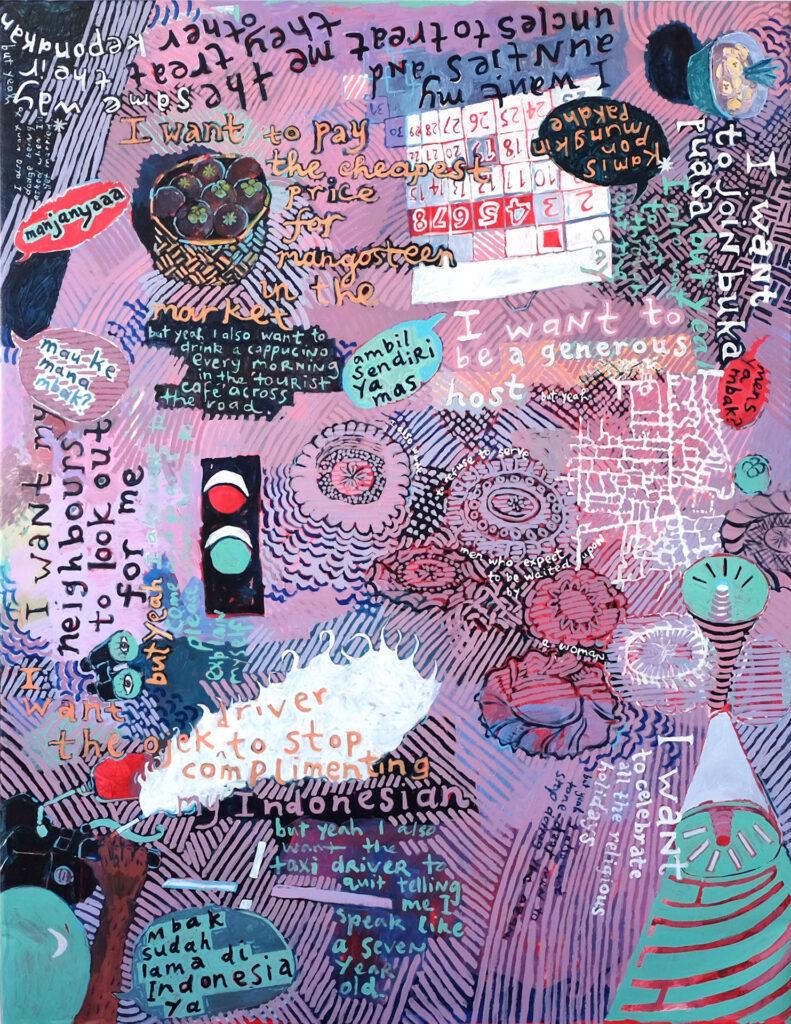 Ida Lawrence, ‘I want but yeah also’, 2021, acrylic on canvas, 200 cm x 155 cm. Image courtesy of the artist