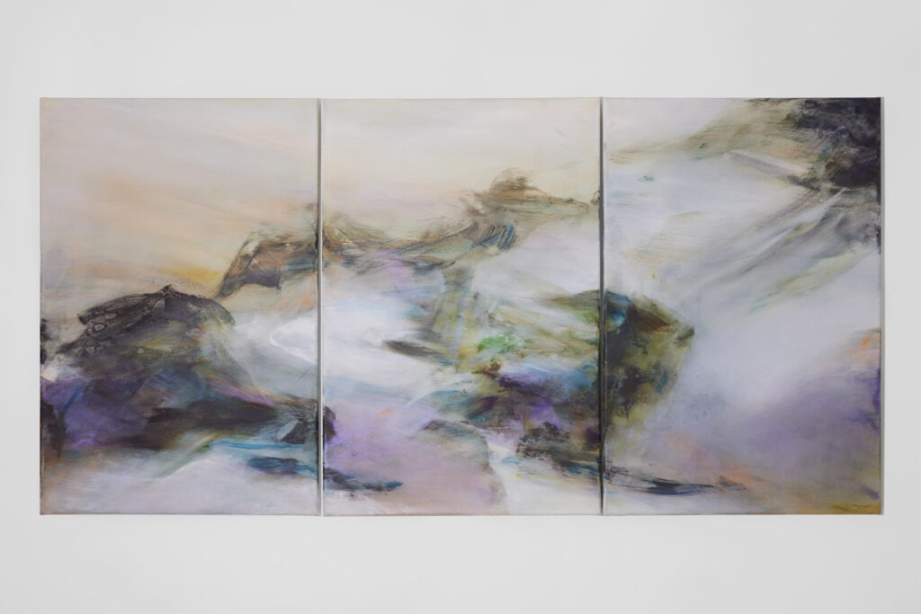 Wyn-Lyn Tan, ‘Terrestrial Dust’, 2024, acrylic on canvas, triptych. Image courtesy of the artist.

