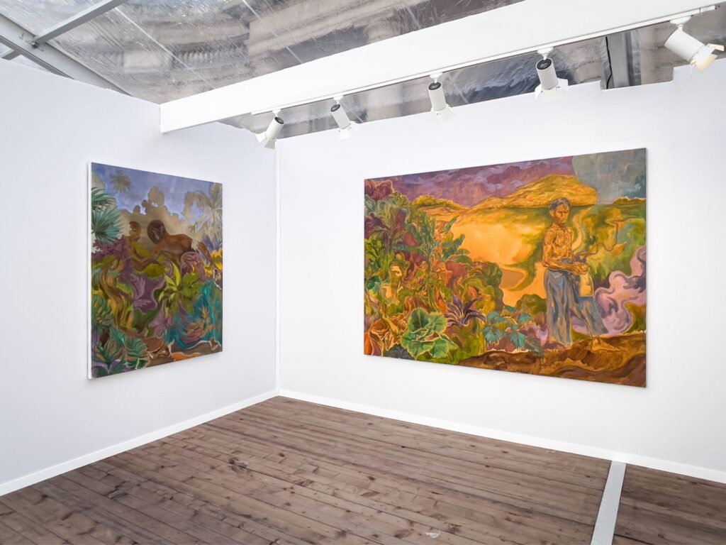 Khairulddin Wahab, ‘The Farthest Boundary’ and ‘Otherlands’, 2023, acrylic on canvases, installed at Asia Now 2023. Image courtesy of Cuturi Gallery and the artist
