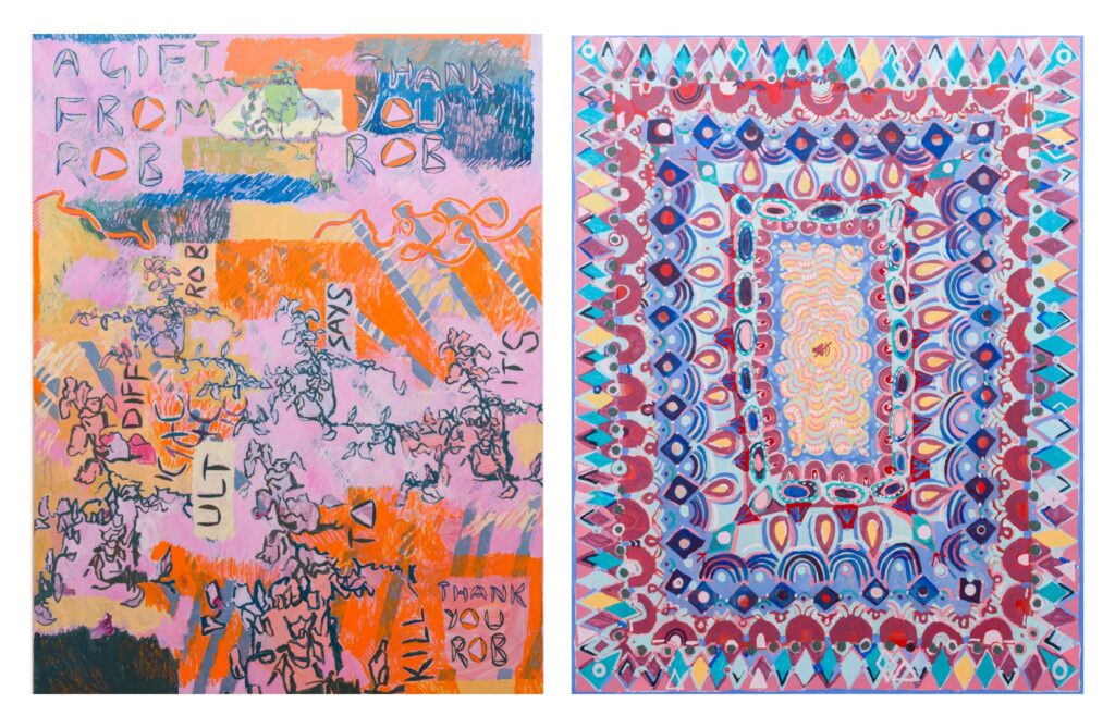 Image Left: Ida Lawrence, ‘A Gift from Rob 2024,’ acrylic on polycotton, 200 cm x 150 cm. Image courtesy of the artist
Image Right: Ida Lawrence, ‘Loud Mute ‘, 2023-2024, acrylic on polycotton, 155 cm x 120 cm. Image courtesy of the artist