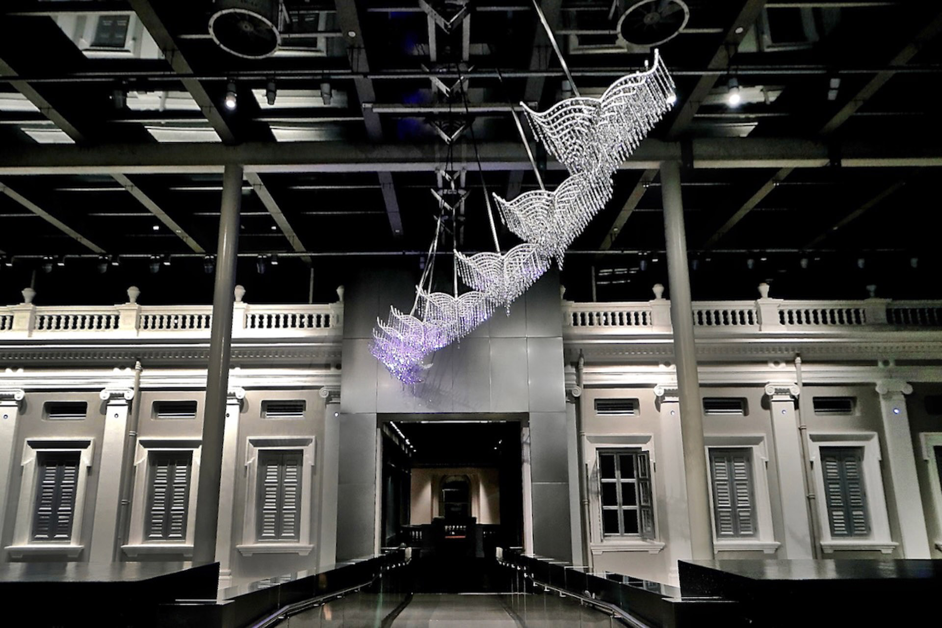 Suzann Victor, ‘Wings of a Rich Manoeuvre’, 2016, (night dragon right swing), Swarovski crystals, stainless steel, cables, LEDs, interactive kiosk. National Museum of Singapore. Image courtesy of the artist.
