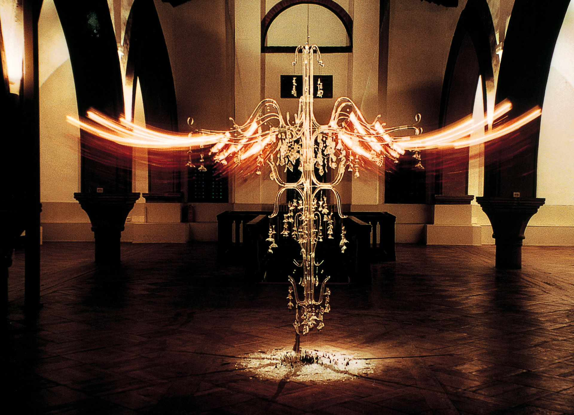 Suzann Victor, ‘Dusted by Rich Manoeuvre’, 2001, wind-shield wiper motors, acrylic rods, broken glass, pyrex glass. Singapore Pavilion at the 49th Venice Biennale. Image courtesy of the artist.