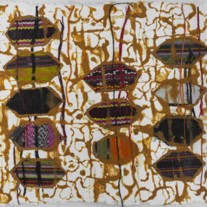 Maria Madeira, ‘Lips to Kiss and Don’t Tell—Study III’, 2023, tais (Traditional East Timorese cloth), red earth, glue, sealer on paper, 22 x 29 cm. Image from Anna Schwartz Gallery