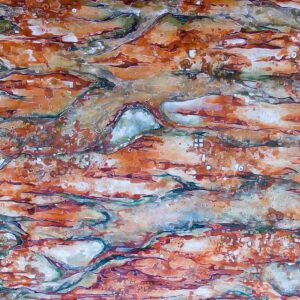 Maria Madeira, ‘River Stream’, 2021, rock powder, red earth, glue, shellac and sealer on canvas, 130 x 110 cm. Image from the artist’s website