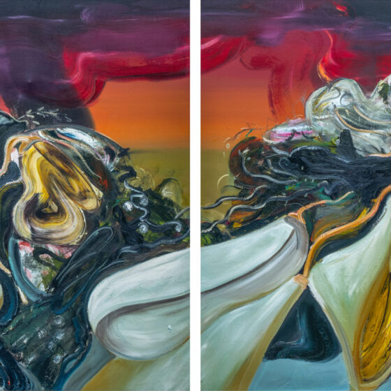 04-Herru-Yoga-_The-Sunset-Between-Olives-and-Date-Palms-2021-Oil-on-canvas-151-x-125cm-2-panels.-Image-from-Gajah-Gallery