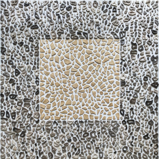 06-Agnes-Lau-_Shaping-In-2023-Mixed-media-on-fired-clay-industrial-glue-paint-and-varnish-on-plywood-122-x-122-cm.-Image-from-Taksu