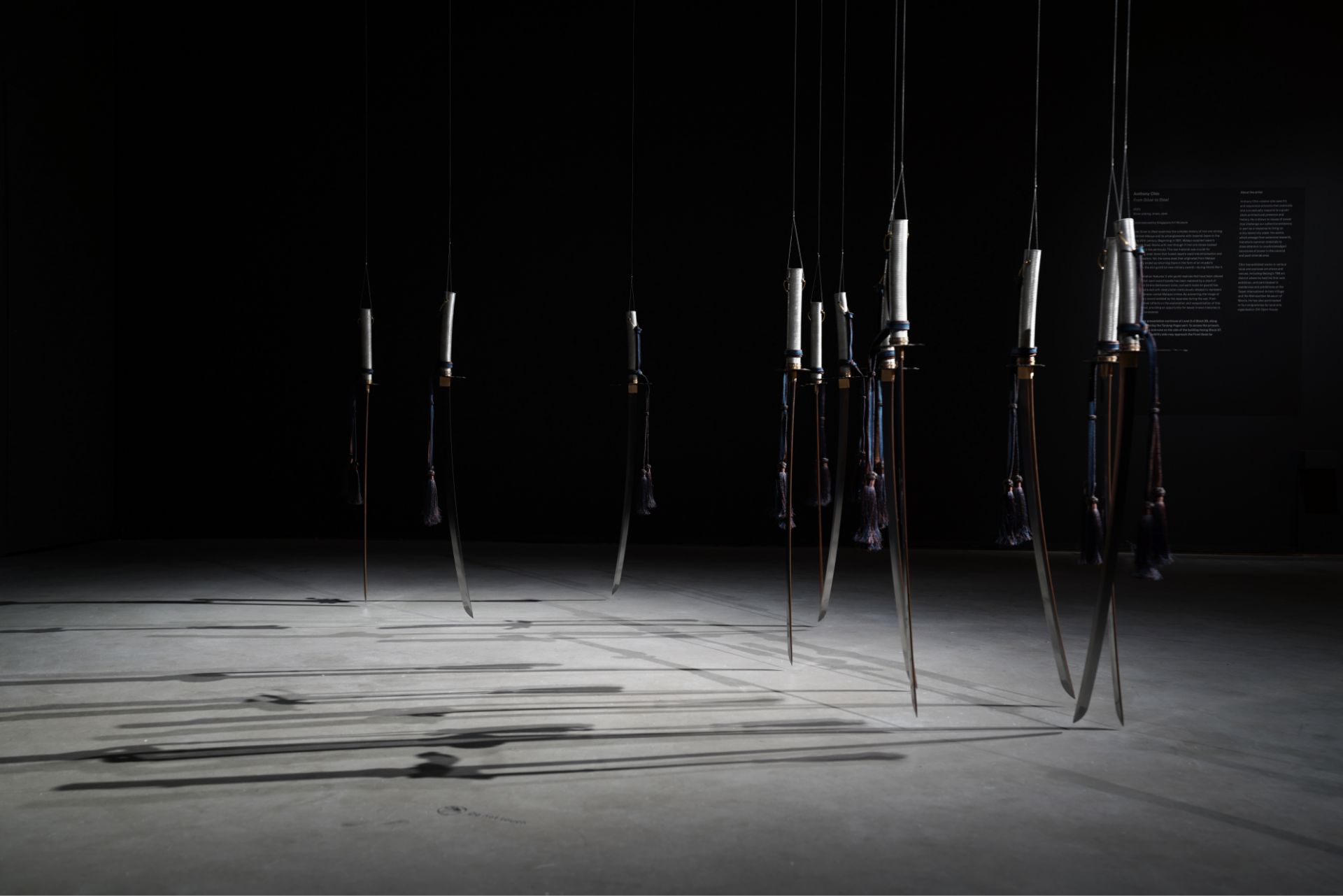 Anthony Chin, ‘From Silver to Steel’, 2023, installation view, Japanese shin guntō steel blade, silver-plating, brass, steel, tassel, 300 x 150 x 150 cm. Image courtesy of the artist