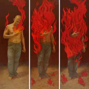 Alfredo Esquillo, 'Man on Fire', 2015, oil on ethylene vinyl acetate panel, 217 x 65.5 cm. Image from ARNDT