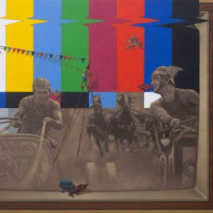 Alfredo Esquillo, 'Road Rage', 2022, oil on canvas, 152.4 x 213.36 cm. Image from Ocula