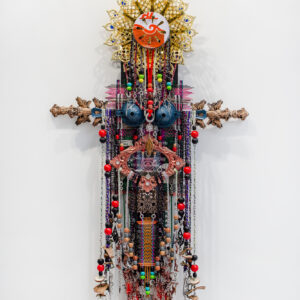 Anne Samat, 'Daughter (weave through eternity) #2', 2022, rattan sticks, kitchen and garden utensils, beads ceramic, metal and plastic ornaments, 54 x 28 x 4 cm. Image from Marc Straus Gallery