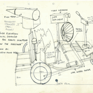 Baharudin-Mohd-Arus-Baharudin-Mohd-Arus’-technical-drawing-of-The-Medium-is-the-Message-(After-Marshall-McLuhan)-2022-illustrating-a-machine-made-with-a-lawnmower-a-video-camera-and-a-fish-trap