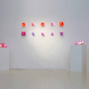 Fika Ria Santika 'Tumpuk Lapis Tampak Isi Rona 10 (Layers That Reveal Matter Hue 10)', 2021, acrylic, resin, pigment, LED lights, variable dimensions. Image from Gajah Gallery