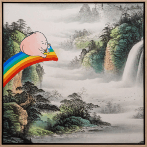 HelloPigu, 'On My Way', 2022, acrylic on found painting (rice paper), 50.7 x 51 cm. Image from Art Porters Gallery