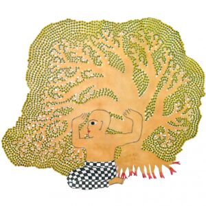 Jumaadi, 'Man Carry Tree', 2022, acrylic on buffalo hide, 100 x 116 cm. Image from S.E.A. Focus