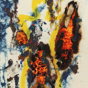 Korakrit Arunanondchai, 'Untitled', 2013, acrylic denim inkjet print canvas and DVDs, 218.4 x 162.9 cm. Image from of Artsy