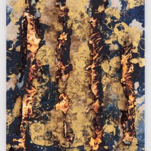 Korakrit Arunanondchai, 'Untitled (History painting)', 2017, denim inkjet print on canvas synthetic gold leaf, 213 x 152 cm. Image courtesy of Kadist