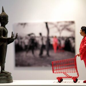 Manit Sriwanichpoom, 'Pink Man vs Ayudhaya Buddha'. Image courtesy of the artist.