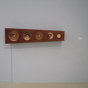 Susie Lingham, '[Exorbited] Oculus Array I V', 2022, wood acacia mirror LED lights, 47 x 175 x 29.5 cm. Image from Gajah Gallery