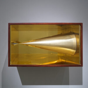 Susie Lingham, 'Seme Seam Seem (Seam Seme)', 2022, wood, aluminum plumb bob mirror, 46 x 80 x 46 cm. Image from Gajah Gallery