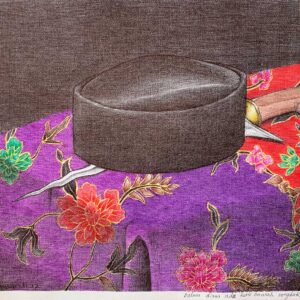 Syahbandi Samat, 'Dalam Diam Ada Keris Bawah Songkok', 2022, ballpoint pen on canvas, 30 x 38 cm. Image from Artemis Art