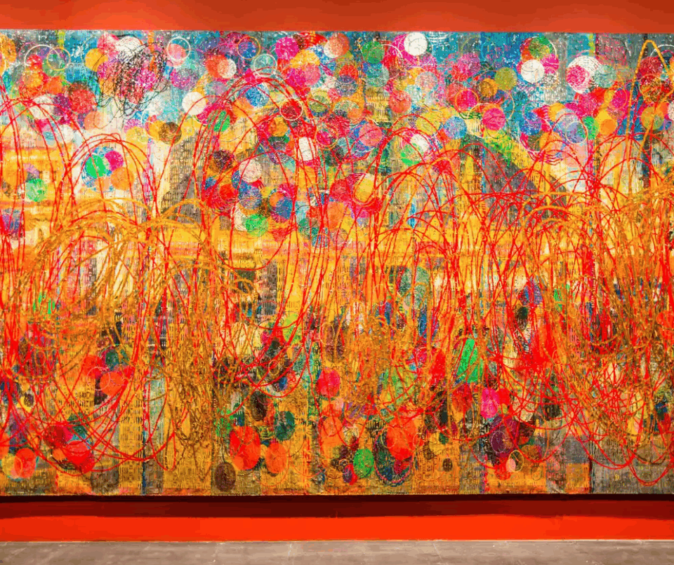 Thasnai Sethaseree 'Untitled (Hua Lamphong)', 2016, paper collage on Buddhist monk's robes, 400 x 800 cm. Image from Artsy