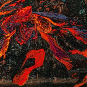 Thasnai Sethaseree, 'Untitled (Lava Flow)', 2022, paper collage on Buddhist monk's robes, 130 x 175 cm. Image from Gajah Gallery