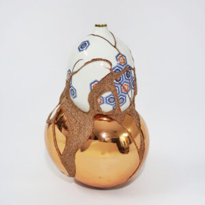 Thanistha Nunthapojn, ‘The Fragile Objects : Two Vases (Gourd Shape)’, 2021, darning, ceramic, and kintsugi, 22 x 129 x 36.5 cm. Image from La Lanta