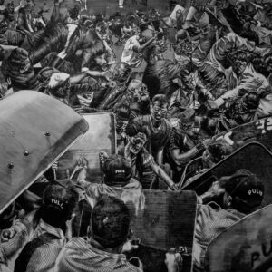 Victor-Balanon-’Congress-of-Crows’-2023-Acrylic,-Charcoal,-Correction Fluid-and-Ink-on-Canvas,-122x162.5cm.-Photo-courtesy-of-Gajah-Gallery