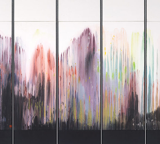 Yeoh Choo Kuan, ‘Spring Vista’, 2020, acrylic on linen 200x250cm each panel 200x50cm flattened. Photo courtesy RKFA and the artist.